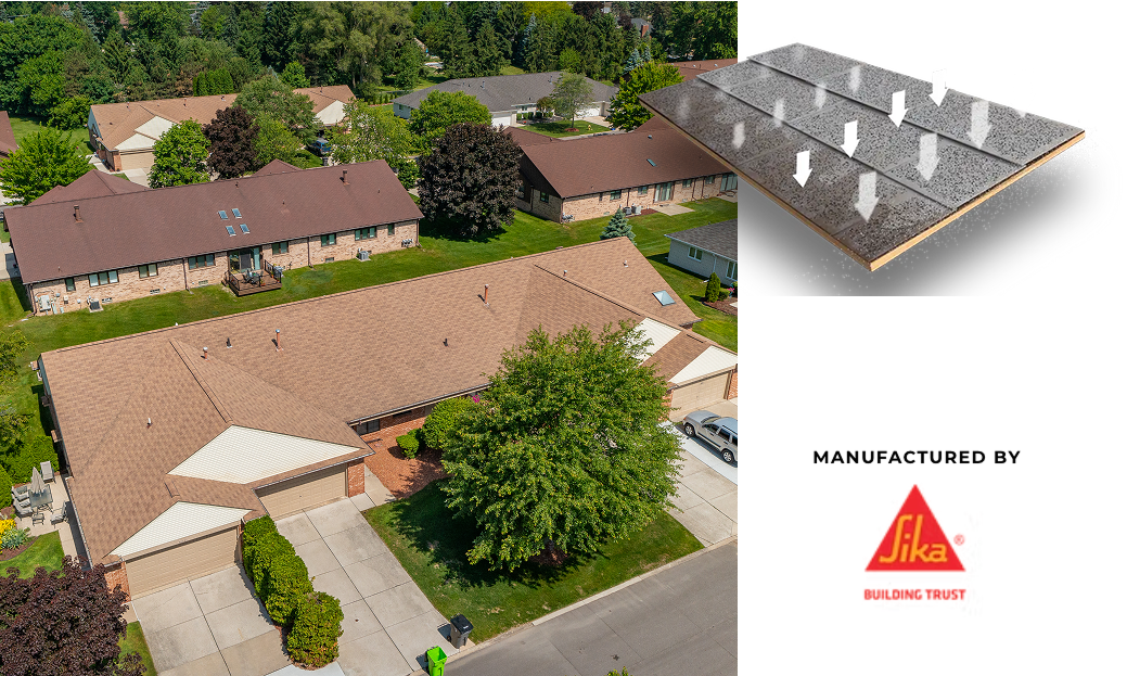 Aerial view of St Louis houses with brown shingle roofs; inset at top right shows close-up of roofing shingles with nails, and bottom right features the Sika Building Trust logo with “Manufactured by Sika” and STL Roof Renew roof rejuvenation.