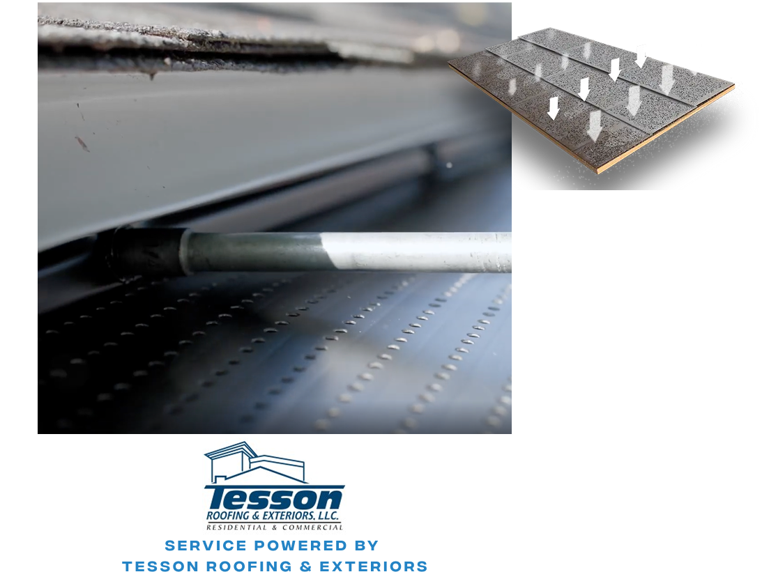 Close-up of a gutter with a perforated metal guard installed, a diagram of roofing layers with ventilation pipes, and the Tesson Roofing & Exteriors, LLC logo at the bottom—highlighting expert Roof Rejuvenation services in St Louis.