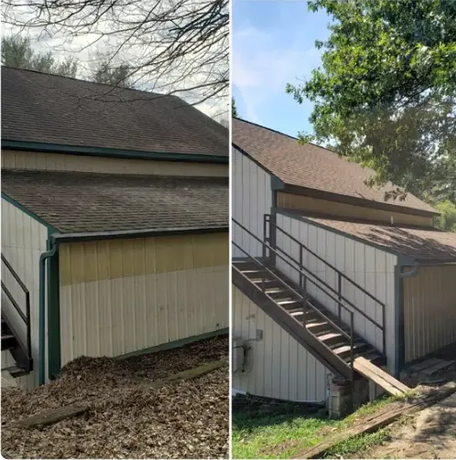 Side-by-side comparison of a St Louis building before and after renovation; the left shows old panels, while the right features fresh paint, new siding, a metal staircase, and results from STL Roof Renew's expert Roof Rejuvenation.
