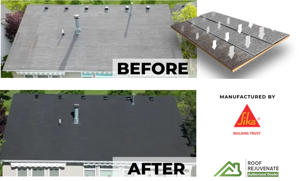 A before-and-after comparison of a house roof in St Louis: the top shows many vents on an old gray roof, while the bottom reveals a sleek black finish after Roof Rejuvenation by STL Roof Renew. Company logos appear on the right.