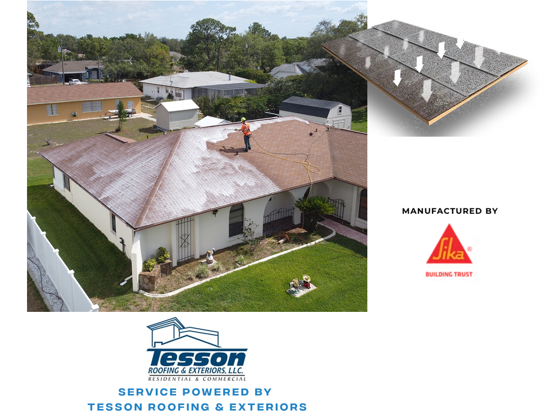 A worker sprays Roof Rejuvenation treatment on a large, light-brown shingle roof of a St Louis home. Nearby is the Sika logo, and below are Tesson Roofing & Exteriors logo and STL Roof Renew service details.