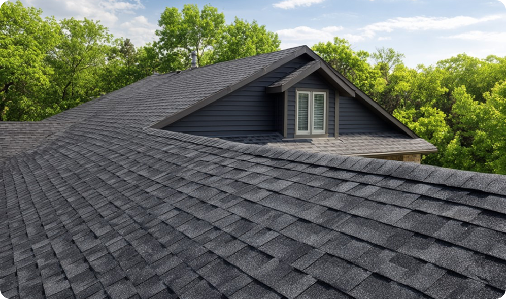 Dark gray asphalt shingles cover the sloped roof of a St Louis house with a dormer window, surrounded by green leafy trees under a sunny, partly cloudy sky—perfect for STL Roof Renew or roof rejuvenation services.