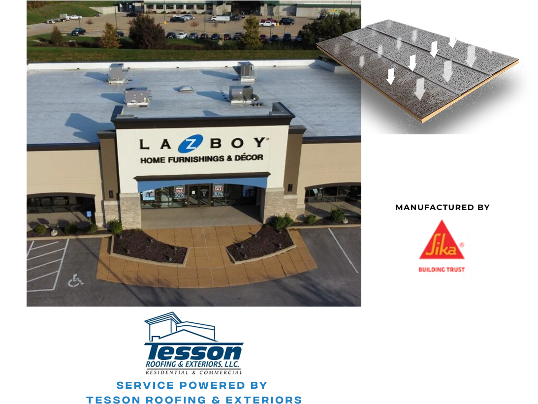 Aerial view of a La-Z-Boy Home Furnishings & Décor store entrance in St Louis with a white roof. Nearby, there’s a roof diagram, “Manufactured by Sika” logo, and a Tesson Roofing & Exteriors logo featuring STL Roof Renew.